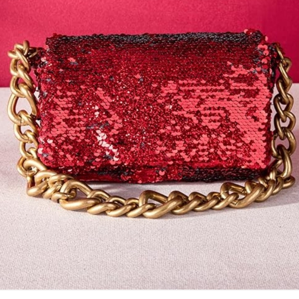 Montana West NWT Red Sequin Flap Front Chunky Chain Strap Bag